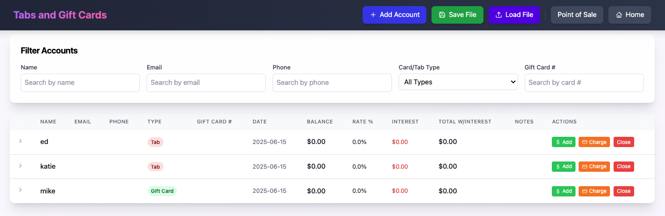 Tabs & Gift Cards